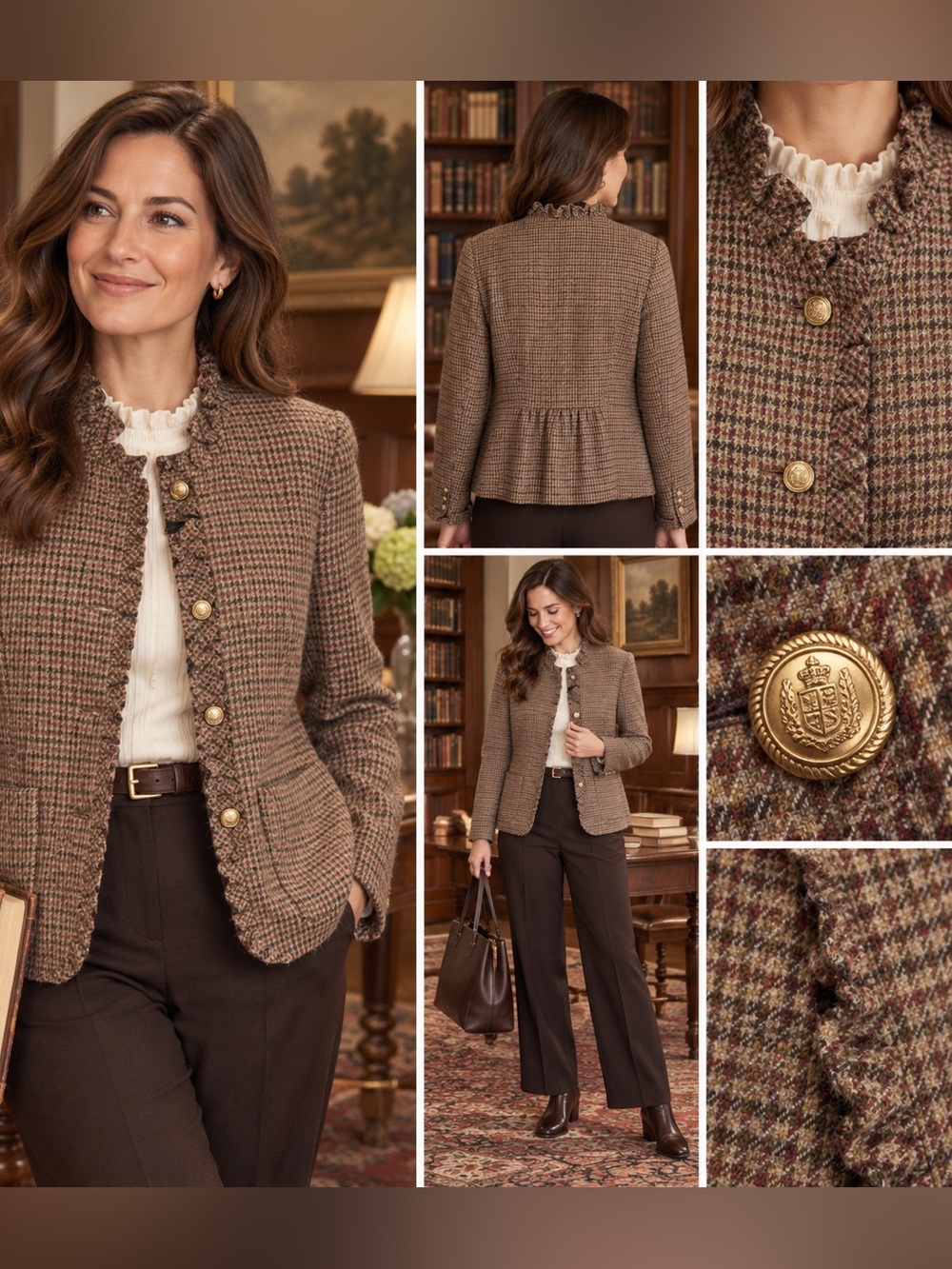 Talbots Women’s 16 Wool Blend Houndstooth Blazer Jacket Ruffle Gold Buttons